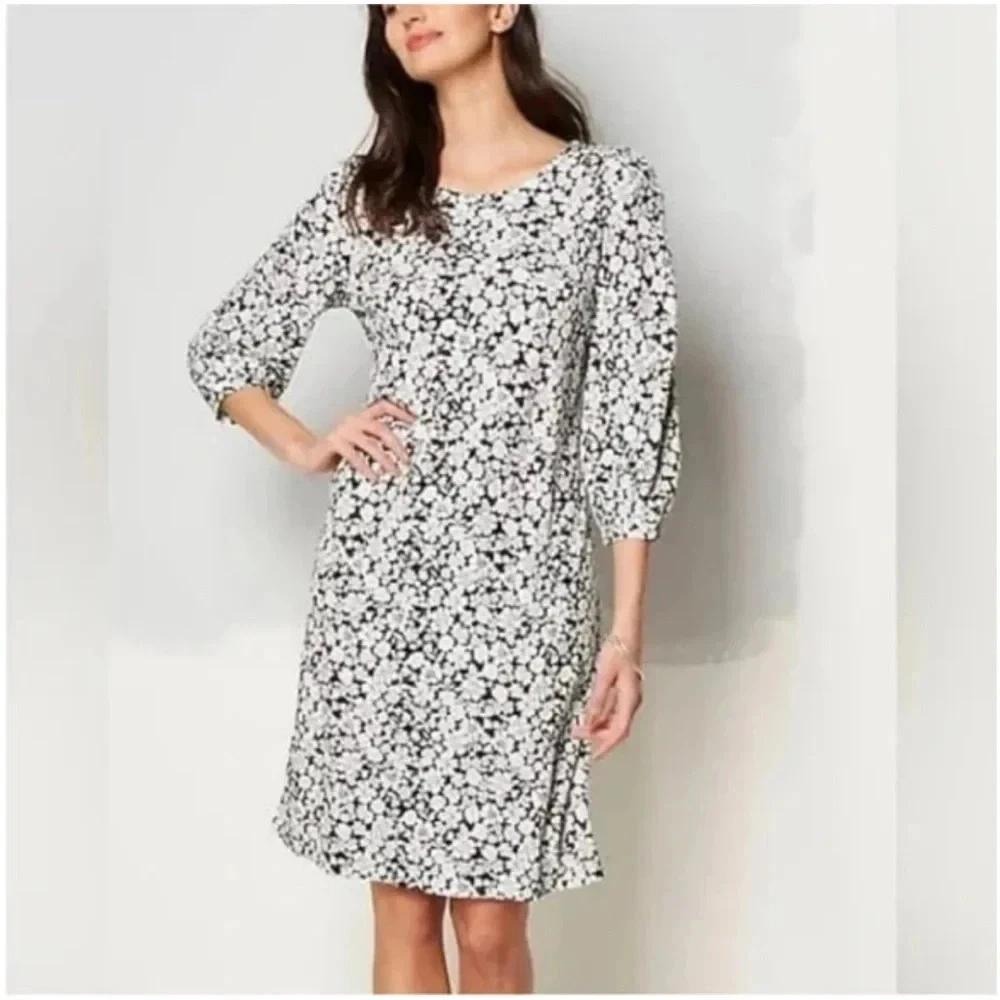 J. Jill Shift Dress Women XL Petite Black White Floral Puff Sleeve Knit